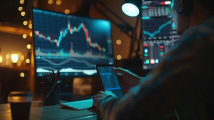 Poster - A stock market trader reviews live trading charts on computer monitors in a nighttime office setting.