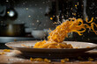 Pasta twirling and flying towards a plate with a leap of sauce, Flying Food shot, studio lighting 