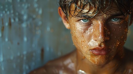 A close-up shot of a muscular plumber face, covered in sweat after a hard day work.