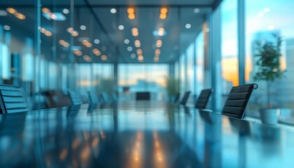 Poster - blurred background of a modern office interior, featuring glass walls and panoramic windows, hinted at a bustling business meeting room.
