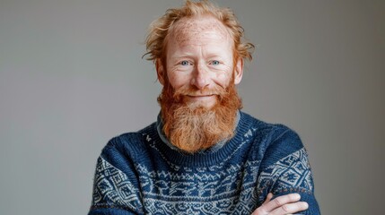 Wall Mural - Senior red haired man portrait, Nordic type elderly aged male model with red hair and beard, studio shot, background with copy space, diversity and different people beauty concept, AI generated image