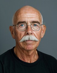 Canvas Print - ID Photo for Passport : European elderly person man with straight short black hair and blue eyes, walrus mustache, without glasses and wearing a black t-shirt