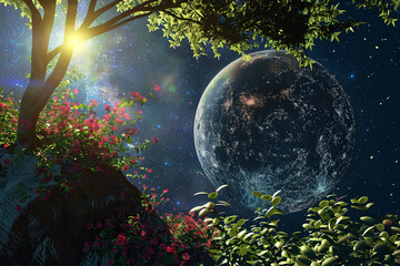 Wall Mural - Planetary views enhancing the beauty of a space garden in orbit 