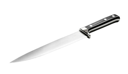 A knife with a black handle and silver blade