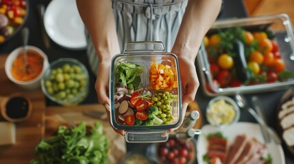 A woman holds a glass container with a healthy salad inside.