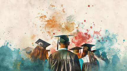 Wall Mural - A cluster of individuals in black graduation caps and gowns, celebrating the completion of their academic journey