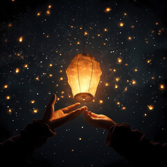 Sticker - A pair of hands releasing a paper lantern into the night sky