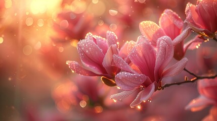 Canvas Print - close-up of delicate pink magnolia flowers glistening with morning dew against a warm, sunlit bokeh 