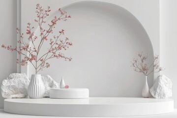 Canvas Print - A simple white shelf with decorative vases and flowers. Ideal for home decor concepts