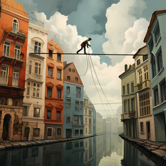 Canvas Print - A person walking a tightrope between buildings. 