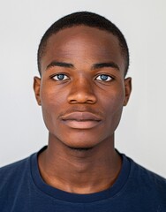 Poster - ID Photo for Passport : African young adult man with straight short black hair and blue eyes, clean-shaven, without glasses and wearing a navy t-shirt