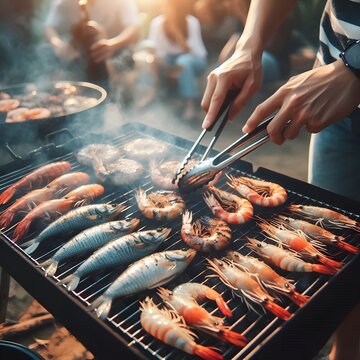 Barbeque with shrimps, prawns and other seafood generated by ai