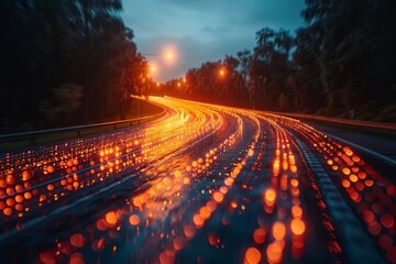 Poster - This image captures the beauty and dynamic nature of traffic lights on a wet road during a long exposure at twilight