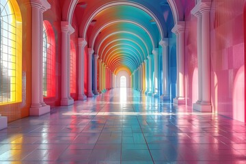 Poster - Stunning 3D-rendered image of a long corridor with colorful arched windows and sunny ambient