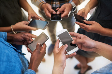 Aufkleber - Phone, hands and group of friends in circle networking online for email, social media or internet. Technology, typing and team of people with cellphone screen for text message on website from above.