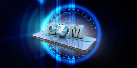 Poster - 3d rendering word dot com in mobile phone connecting mouse
