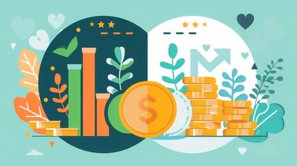 Poster - Artistic representation of economic prosperity featuring rising bar graphs, coins, plants, and a growth chart, symbolizing financial success.