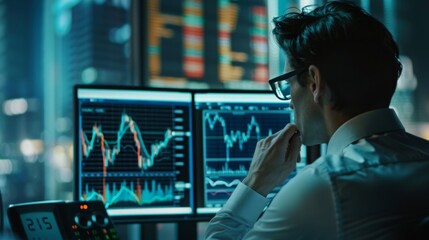 Fototapete - A man analyses financial data on multiple computer screens in a dimly lit office.