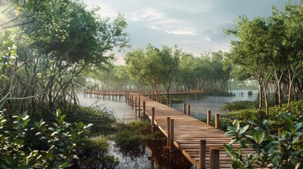 The beauty of nature is captured in this stunning photo of a wooden dock jutting out into a serene lake. The lush greenery and tranquil waters create a peaceful and inviting scene.