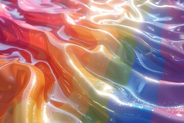 Poster - This image features a 3D digital art depiction of fluid, wavy forms creating an abstract rainbow pattern across the frame
