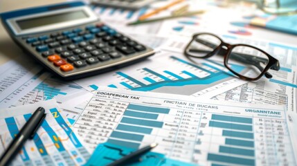 Poster - A close-up view of financial charts, a calculator, eyeglasses, and a pen on a desk.