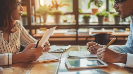 Poster - Two professionals discussing documents over a table with digital tablet and smartphone in daylight.