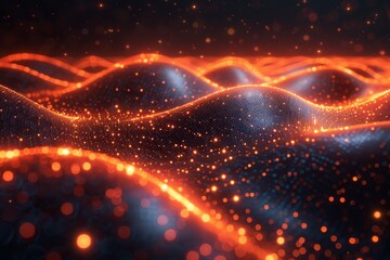Fototapete - This image captures a dynamic flow of orange glowing particles creating a wave in a digital, futuristic setting