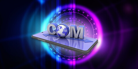 Poster - 3d rendering word dot com in mobile phone connecting mouse
