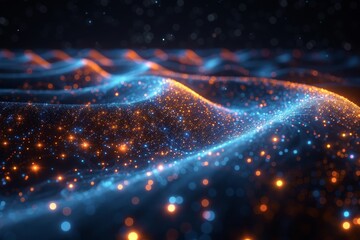 Fototapete - A captivating close-up of a blue and orange wave consisting of countless particles suggests a dynamic digital landscape