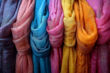 Poster - Rows of brightly colored folded fabrics demonstrate the variety of shades and textures available
