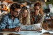 © Larisa AI - Three individuals intently examining a map while engaged in travel planning or project research in a cafe