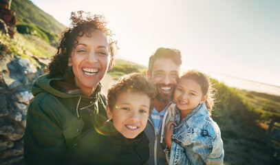 holiday, mountain and portrait of family with smile, nature and outdoor bonding together on travel a