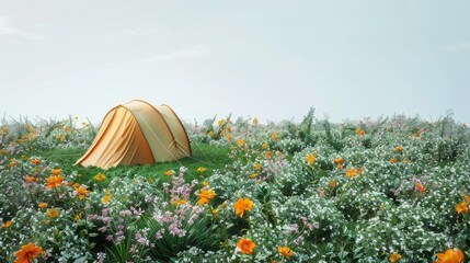 Wall Mural - A tent is set up in a field of flowers