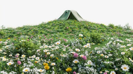 Wall Mural - A green tent is on top of a hill covered in wildflowers