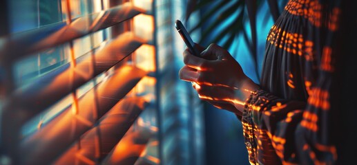 Mysterious night scene with flames flickering in a metal grill and casting an orange glow on a woman's hand reaching from a window