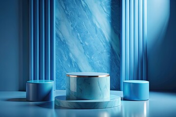 Wall Mural - Blue marble podium and blue curtains on the background.