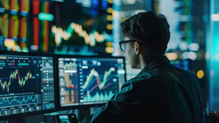 Poster - A focused professional examines complex financial charts on multiple computer screens in a dark office setting.