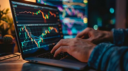 Fototapete - A person is examining complex financial data on multiple monitors in a dark office setting.