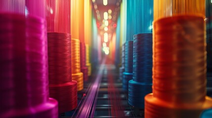 Canvas Print -   A row of thread spools aligned before a wall of multi-colored lights