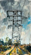 Power line tower painting in dynamic brushstrokes