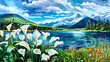 Majestic mountain landscape with lush flowers