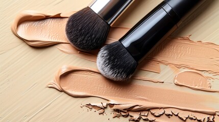   Two makeup brushes rest atop a table, near tubes of foundation cream and concealer