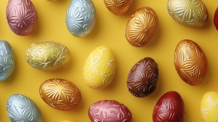 Sticker -   A collection of vibrant Easter eggs atop a yellow, textured surface