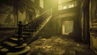 Eerie abandoned mansion interior with grand staircase