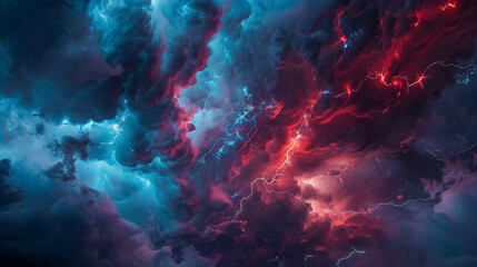 a close-up on rare blue jets and red sprites flashing in the mesosphere, illuminating the sky during