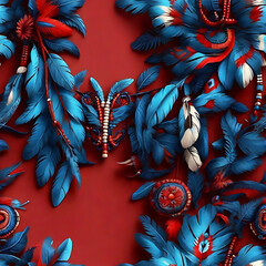 Wall Mural - Variety blue american indian feather seamless pattern on red background.