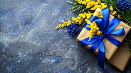 Wall Mural -   A yellow and blue ribbon-wrapped gift next to a yellow flower bouquet with a blue ribbon, against a gray backdrop