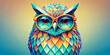 A vibrantly colored, stylized owl with geometric patterns adorns a pair of striking spectacles. Its feathers boast a rainbow of hues that create a sense of depth and complexity.AI generated.