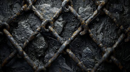 Canvas Print -   A tight shot of a chain-link fence with a rock prominently displayed in the foreground, and another rock situated in the background