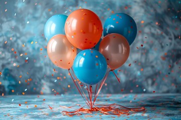 A festive bunch of blue and orange balloons surrounded by a flurry of confetti create a joyous atmosphere in this image